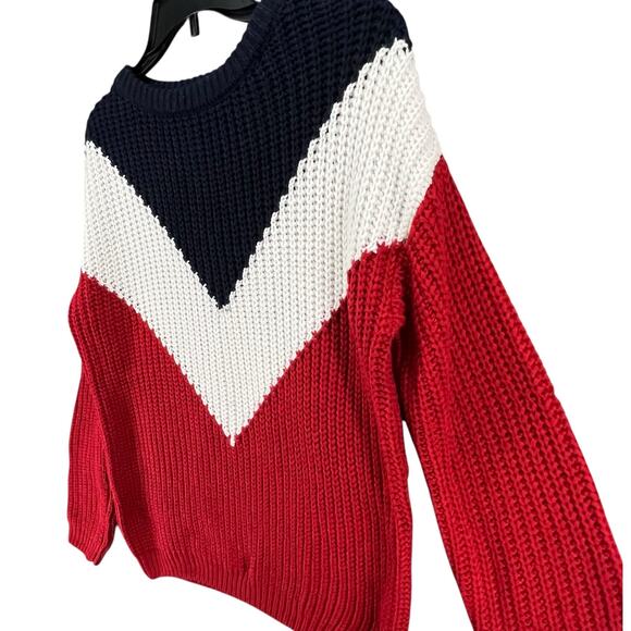 Love by Design Sweater Women L Red White Blue Colorblock Preppy Americana Chunky - Picture 2 of 13